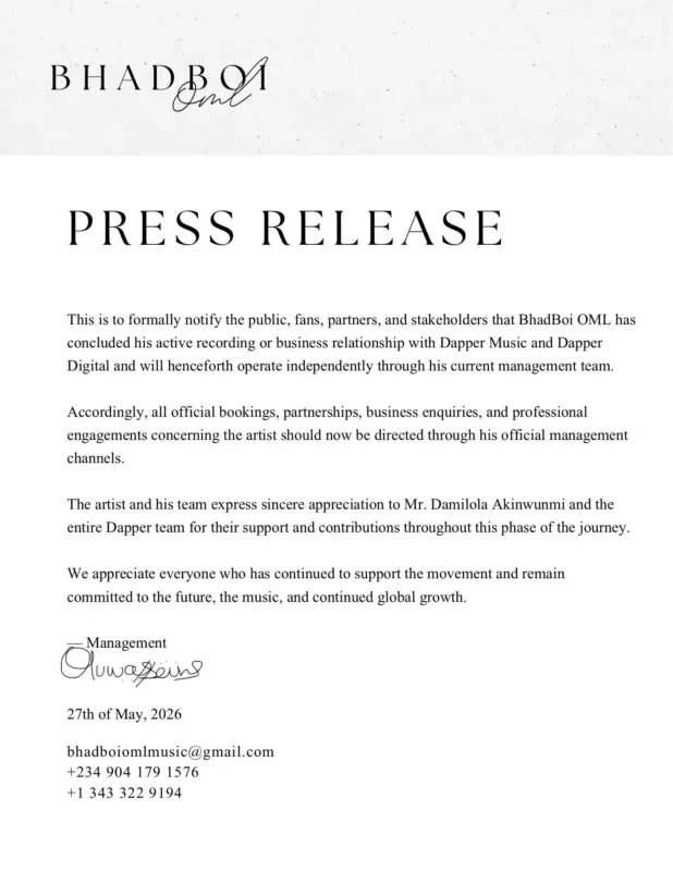 BhadBoi OML Announces Departure from Dapper Music